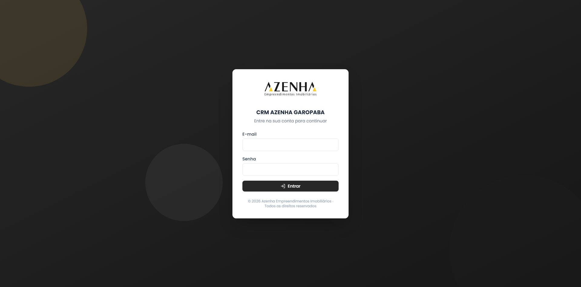Tela de login do CRM personalizado da Azenha Garopaba
