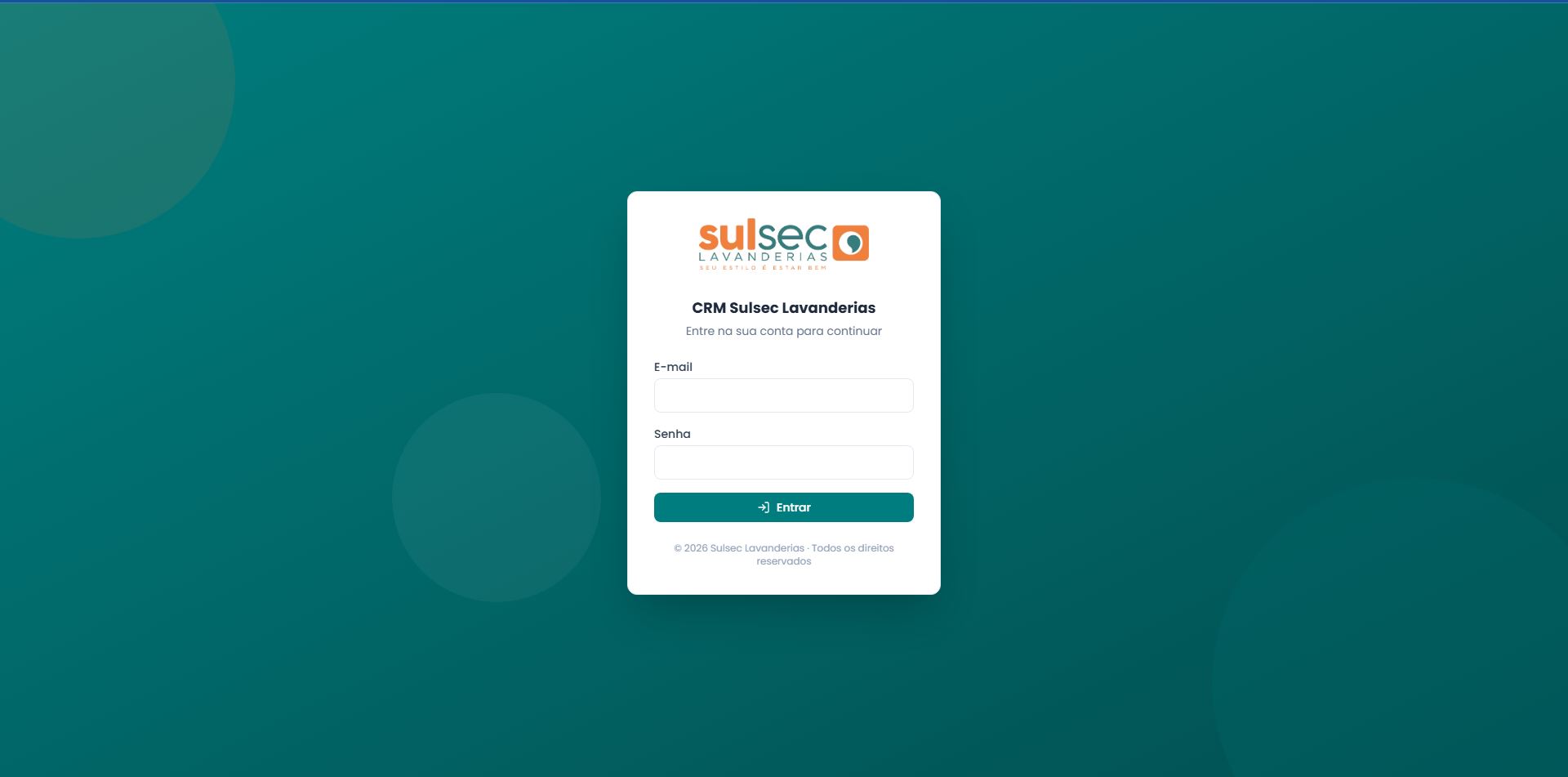 Tela de login do CRM personalizado da Sulsec Lavanderias